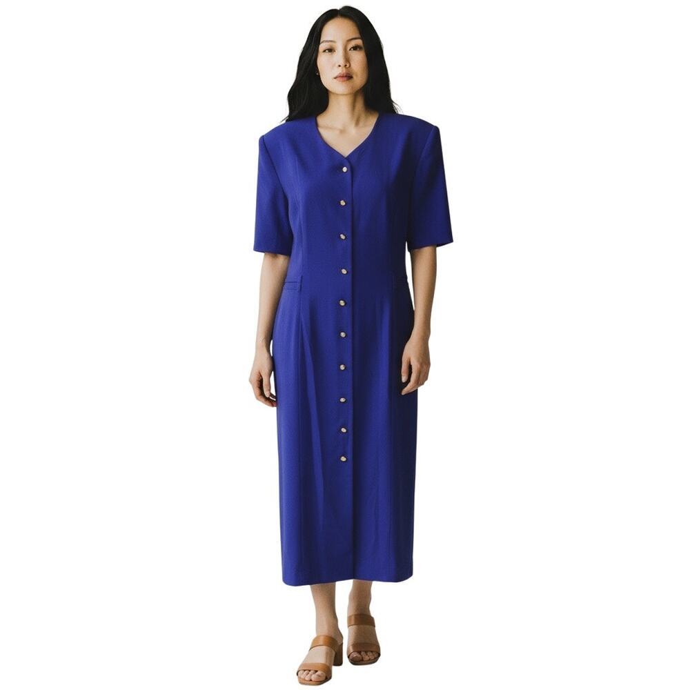 Kasper ASL Purple Midi Shirt Dress 16 Gold Buttons Career Wedding Guest Party